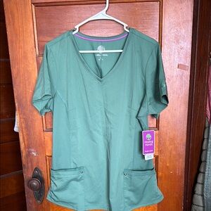 NWT Healing Hands Women's Green V-Neck Yoga Knit Scrub Top